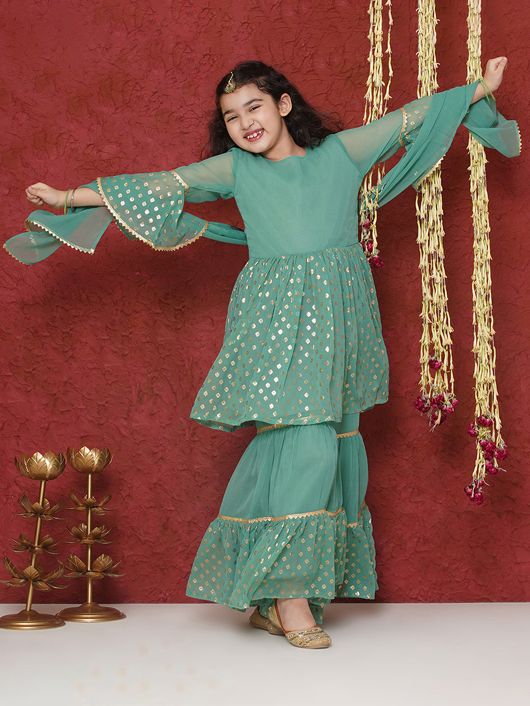 GREEN Georgette Three-Fourth Sleeves Motif Print Sharara Set for Girls