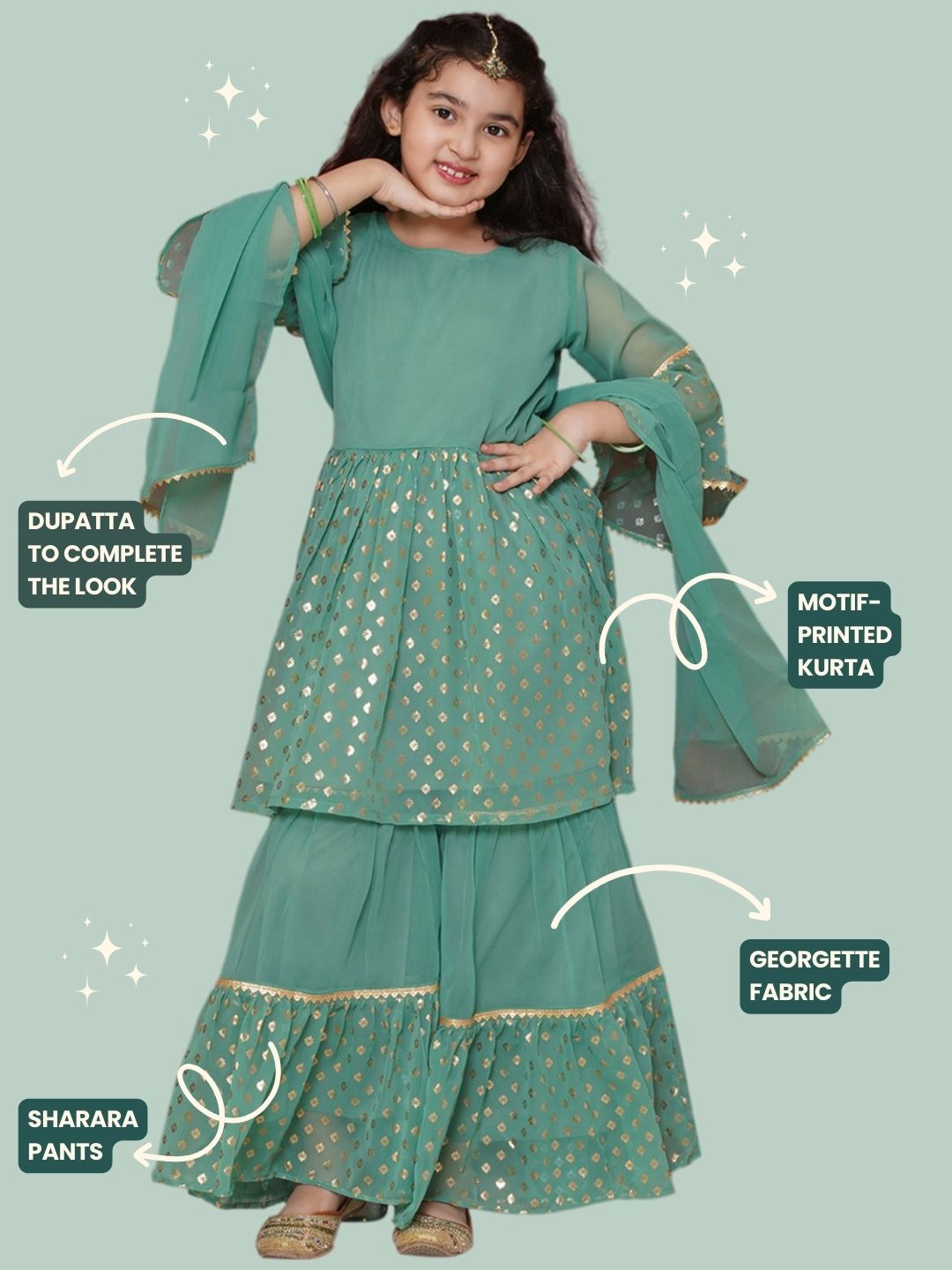 GREEN Georgette Three-Fourth Sleeves Motif Print Sharara Set for Girls