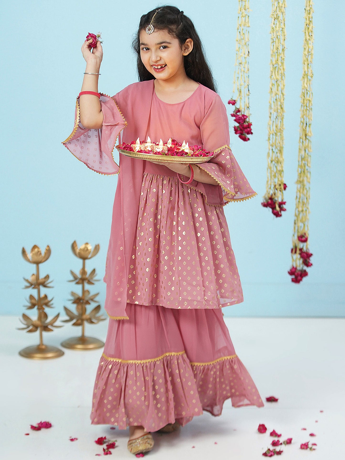 Aj Dezines Pink Georgette Three-Fourth Sleeves Motif Print Sharara Set For Girls