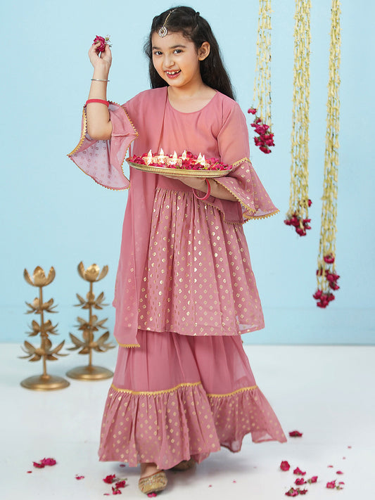Aj Dezines Pink Georgette Three-Fourth Sleeves Motif Print Sharara Set For Girls