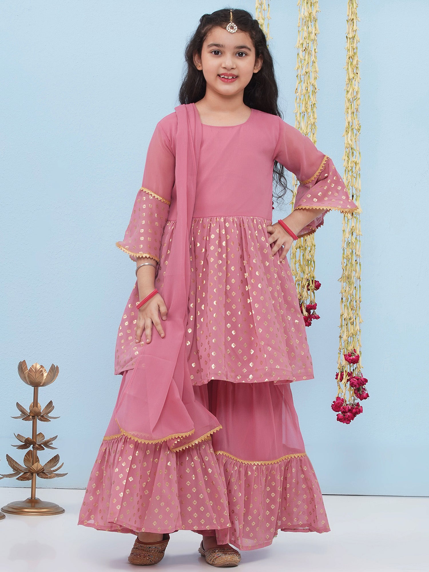 Pink Georgette Three-Fourth Sleeves Motif Print Sharara Set For Girls