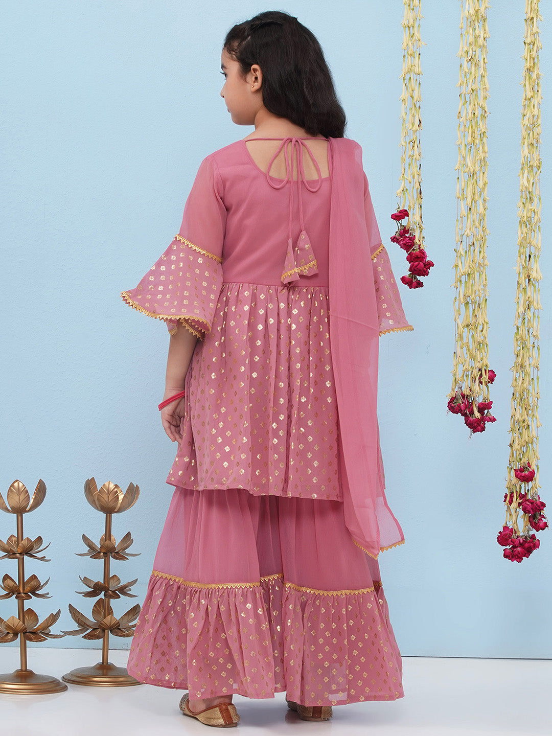 PINK Georgette Three-Fourth Sleeves Motif Print Sharara Set for Girls