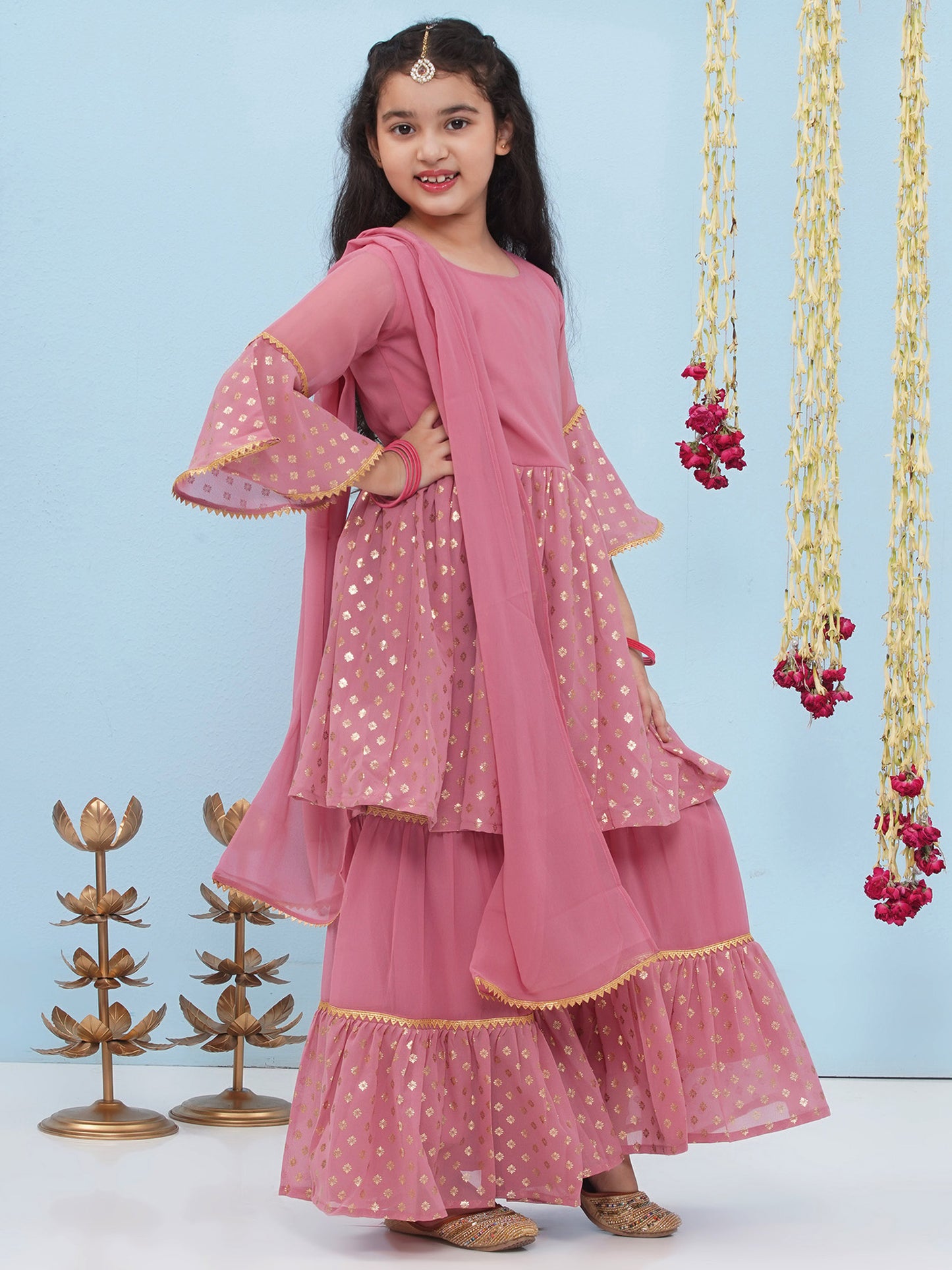 Aj Dezines Pink Georgette Three-Fourth Sleeves Motif Print Sharara Set For Girls