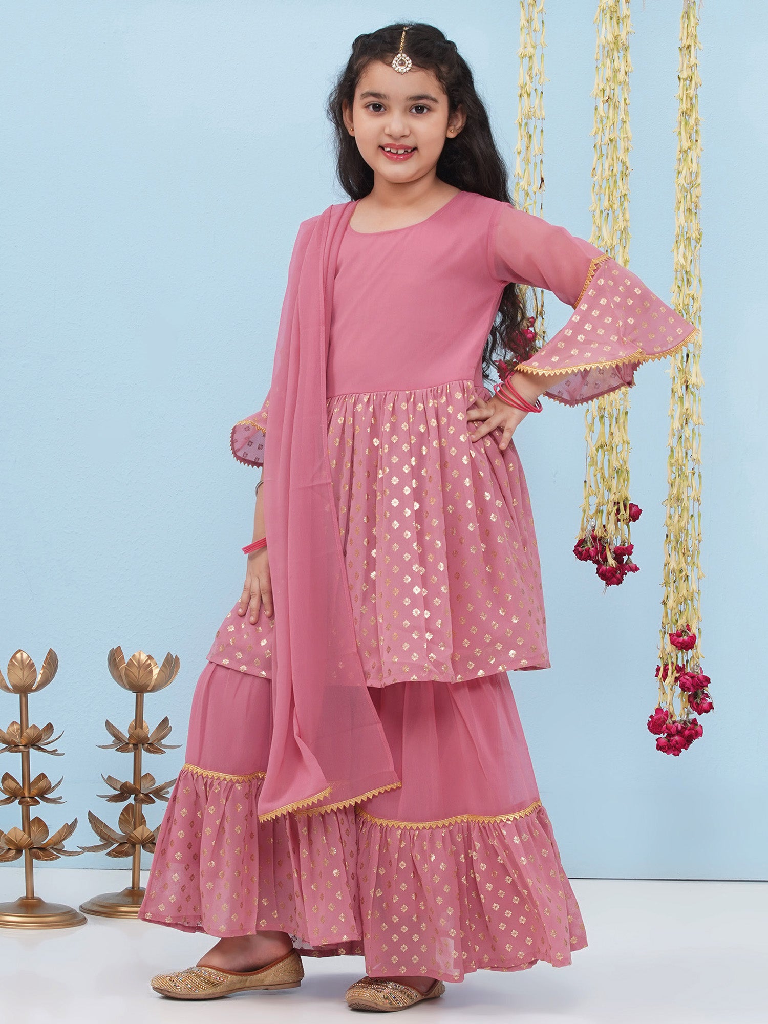Pink Georgette Three-Fourth Sleeves Motif Print Sharara Set For Girls - AJ Dezines