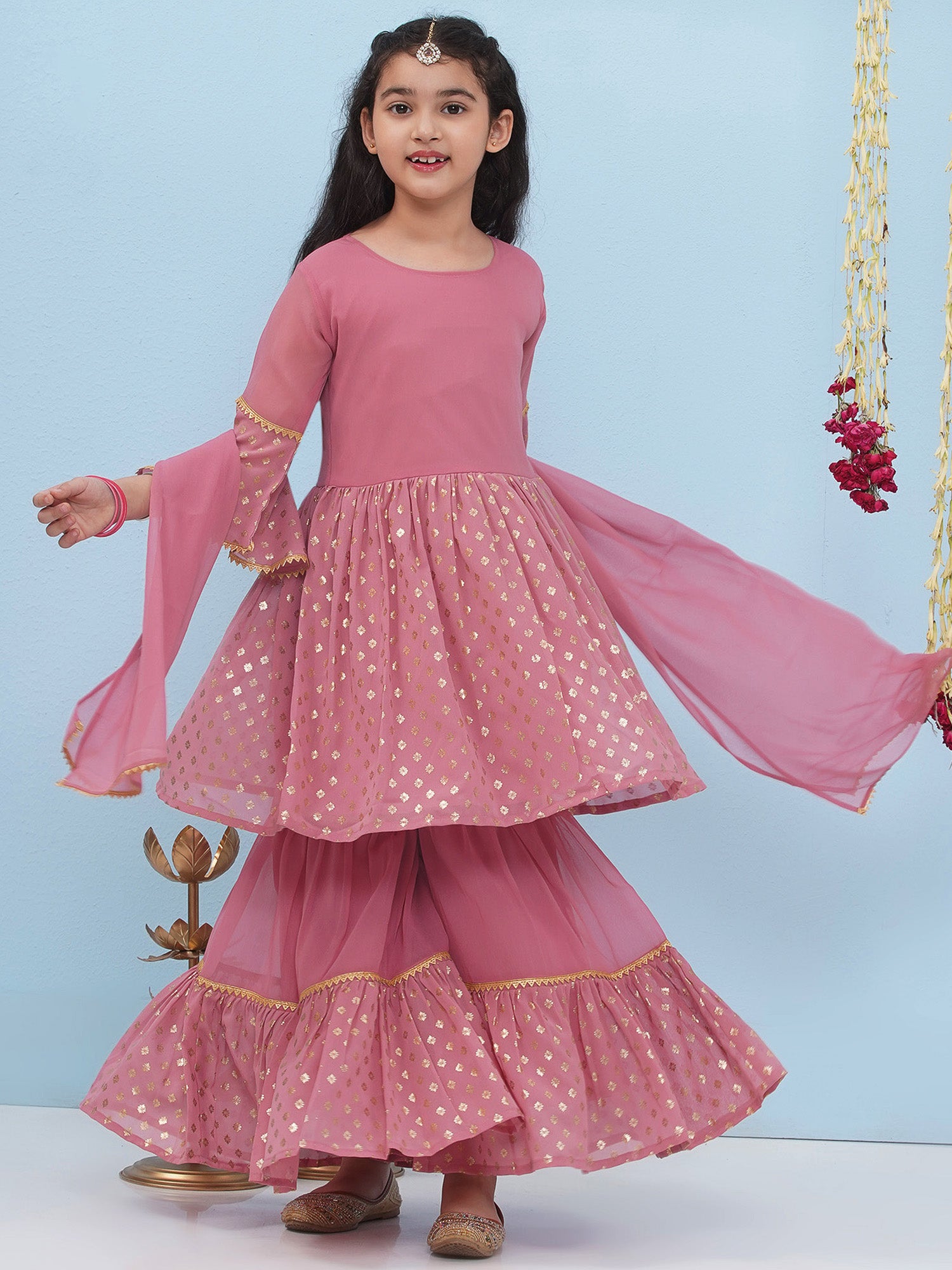 Pink Georgette Three-Fourth Sleeves Motif Print Sharara Set For Girls - AJ Dezines
