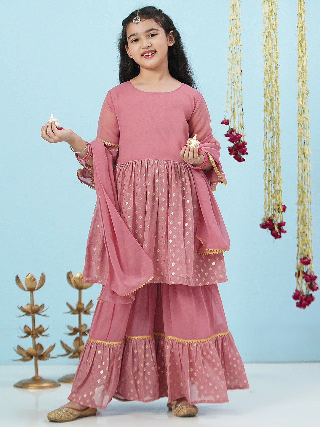 PINK Georgette Three-Fourth Sleeves Motif Print Sharara Set for Girls