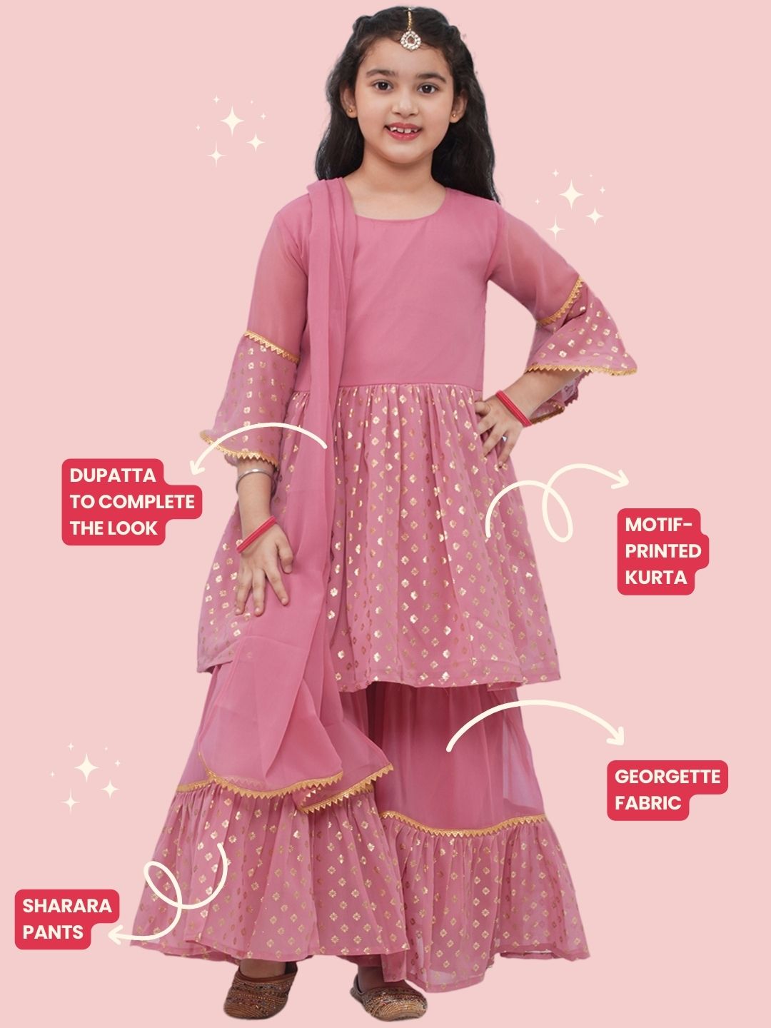 PINK Georgette Three-Fourth Sleeves Motif Print Sharara Set for Girls