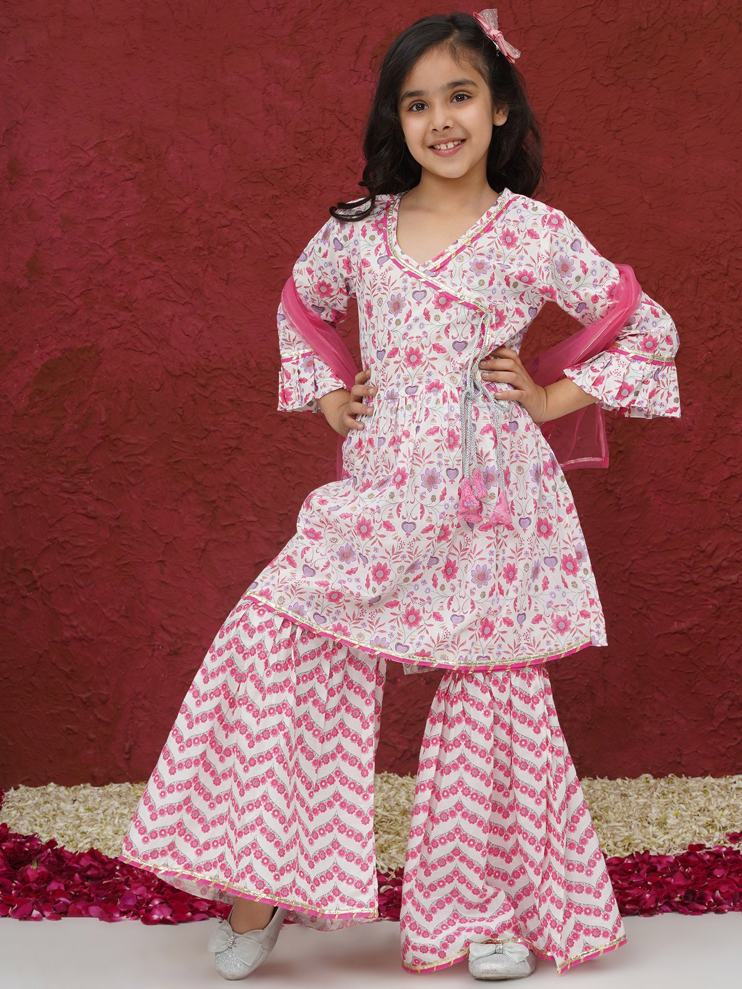 Pink 3/4th Sleeves Floral Print Cotton Girls Suit Set For Girls