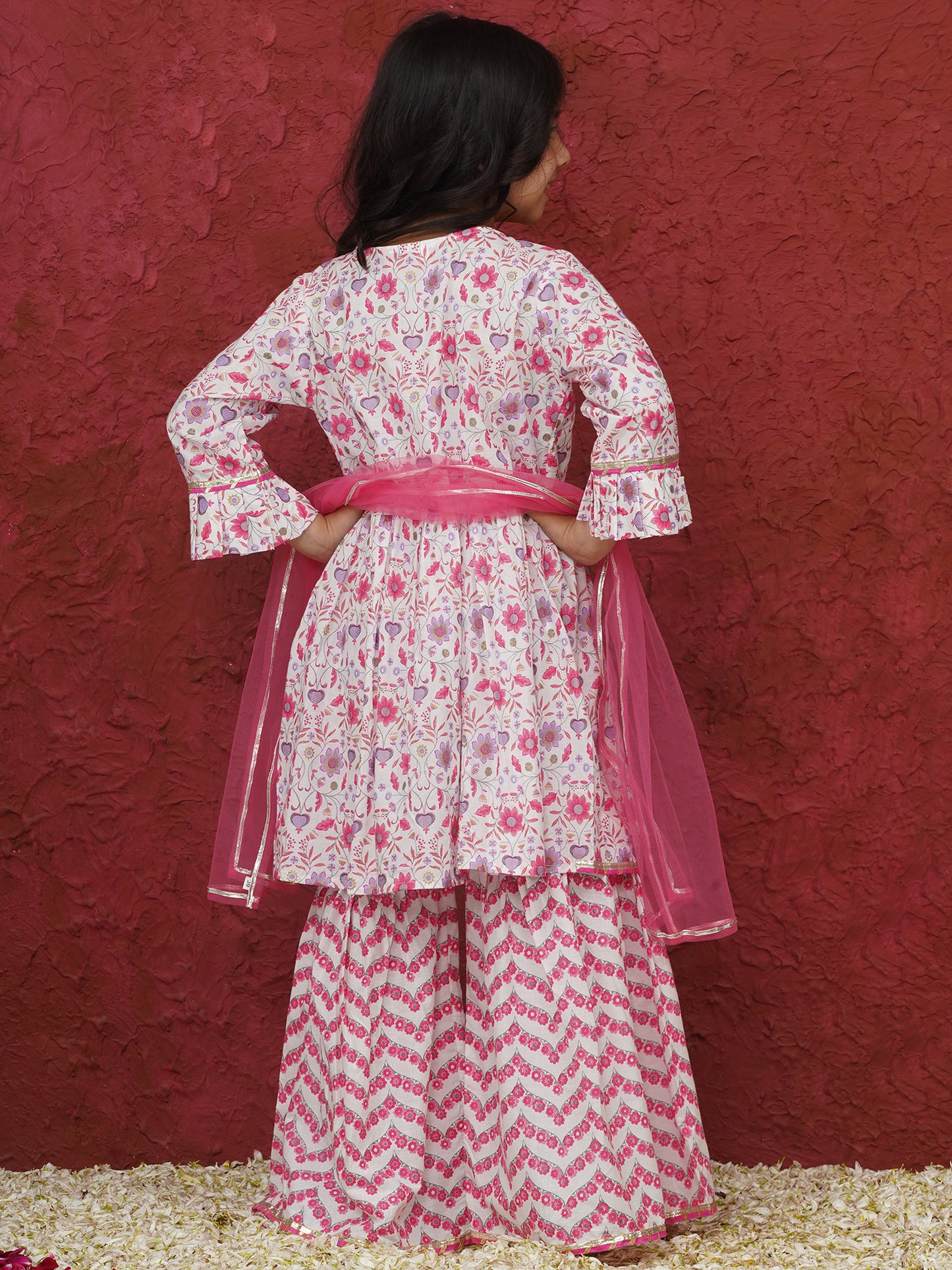 AJ Dezines Pink 3/4th Sleeves Floral Print Cotton Girls Suit Set For Girls