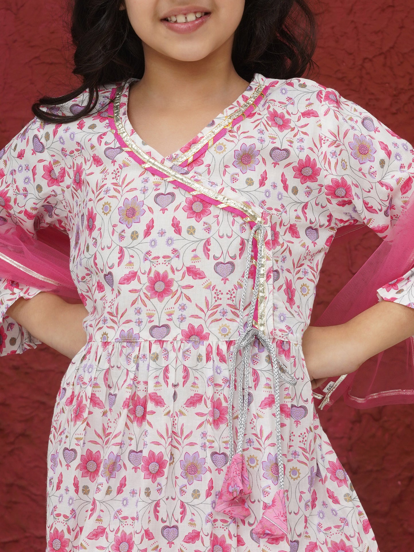 AJ Dezines Pink 3/4th Sleeves Floral Print Cotton Girls Suit Set For Girls