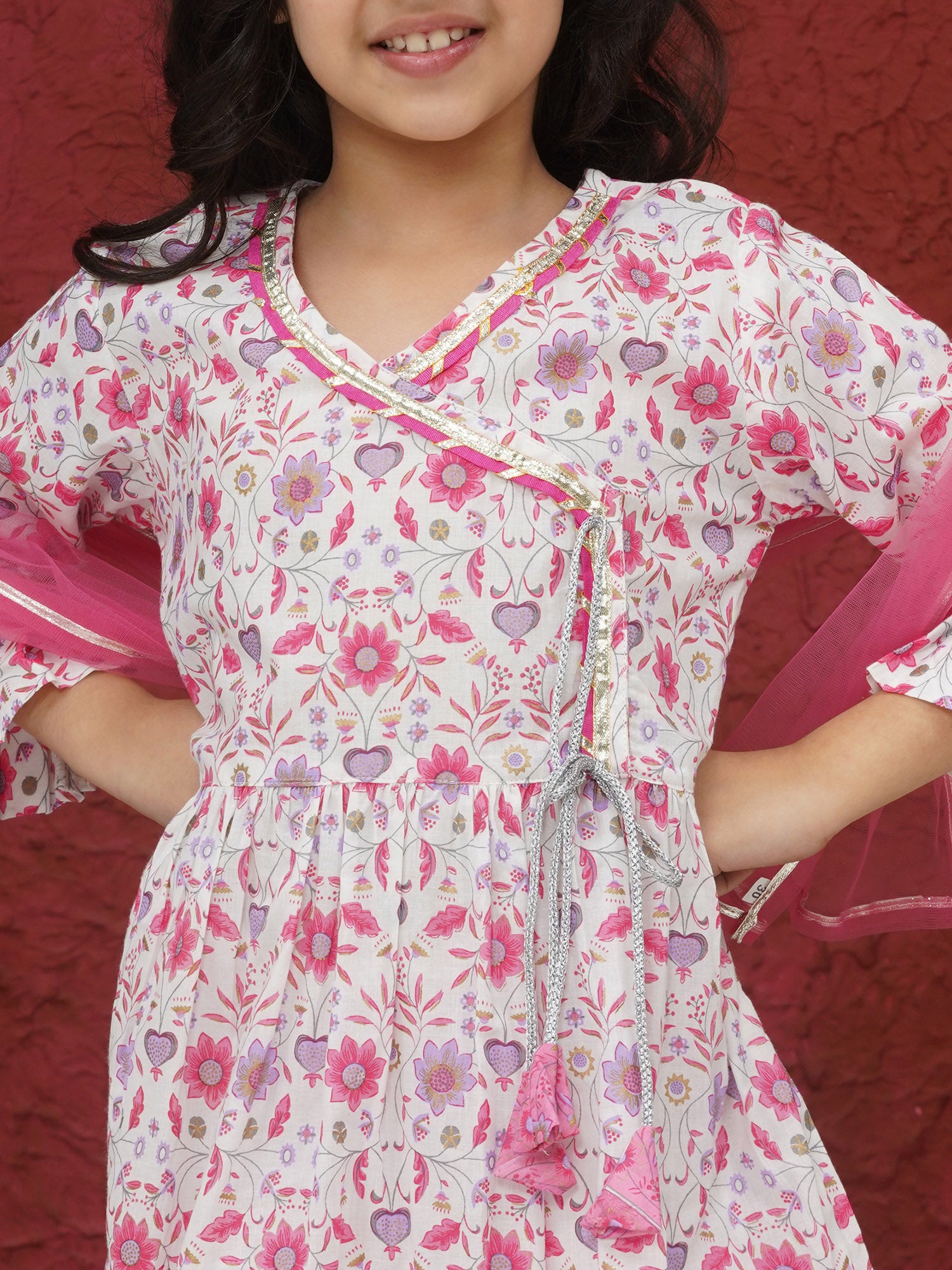 Pink 3/4th Sleeves Floral Print Cotton Girls Suit Set For Girls