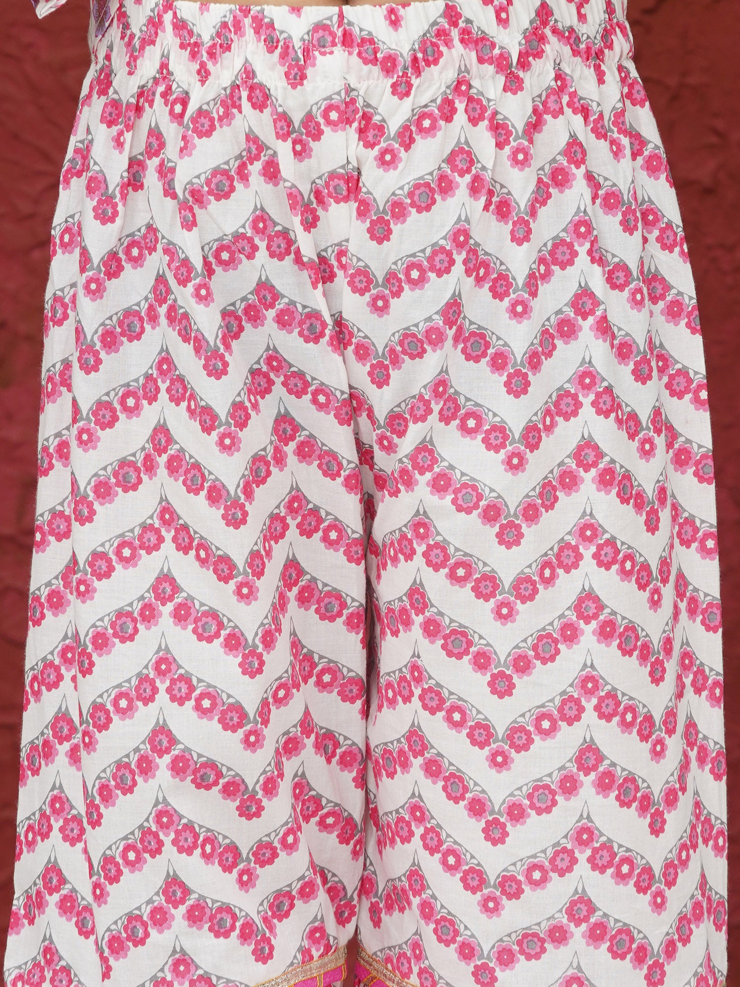 Pink 3/4th Sleeves Floral Print Cotton Girls Suit Set For Girls