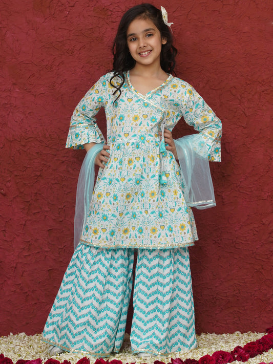 AJ Dezines Blue 3/4th Sleeves Floral Print Cotton Girls Suit Set For Girls