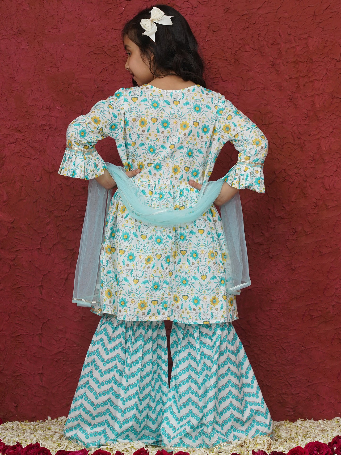 AJ Dezines Blue 3/4th Sleeves Floral Print Cotton Girls Suit Set For Girls