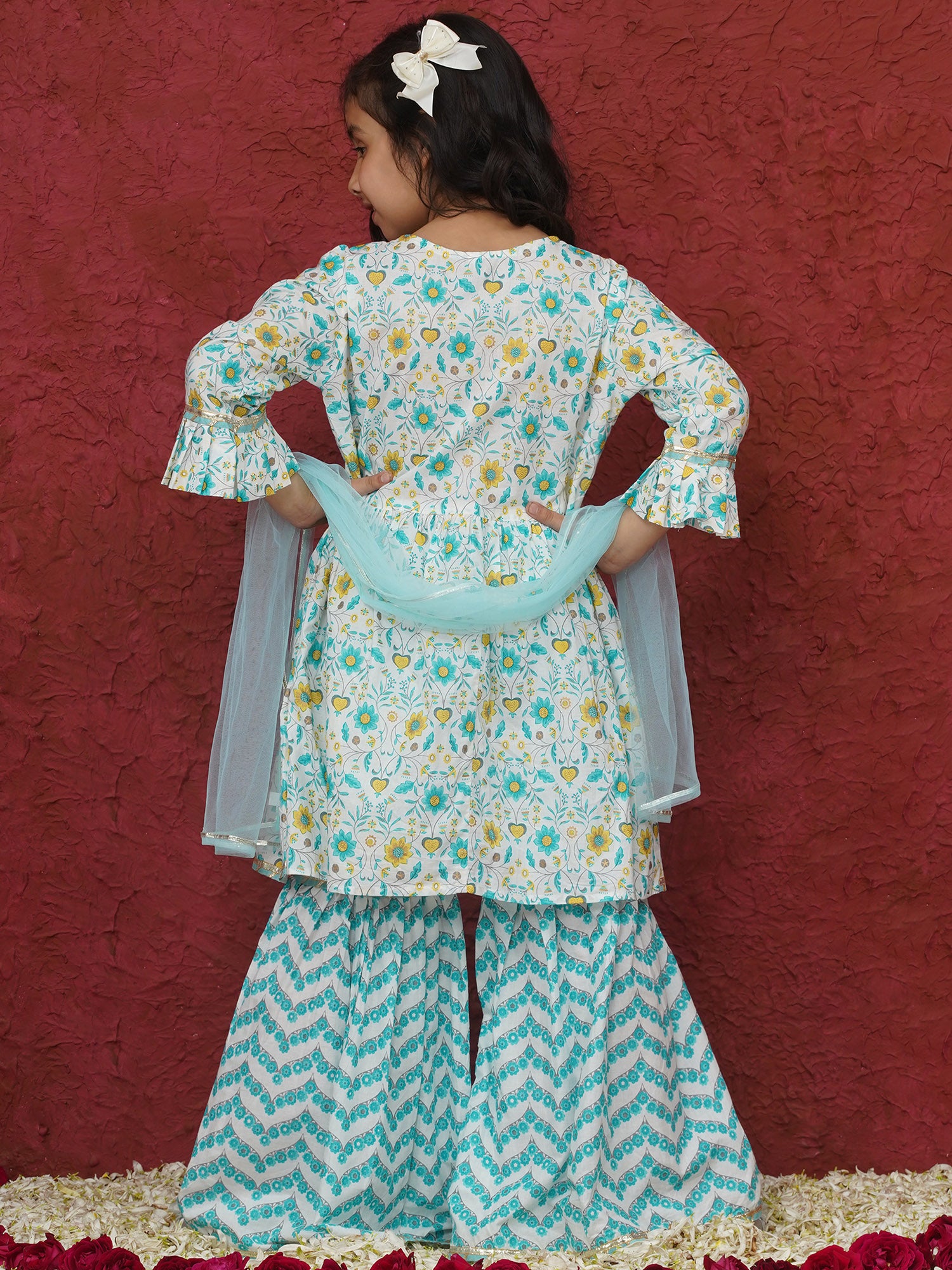 Blue 3/4th Sleeves Floral Print Cotton Girls Suit Set For Girls