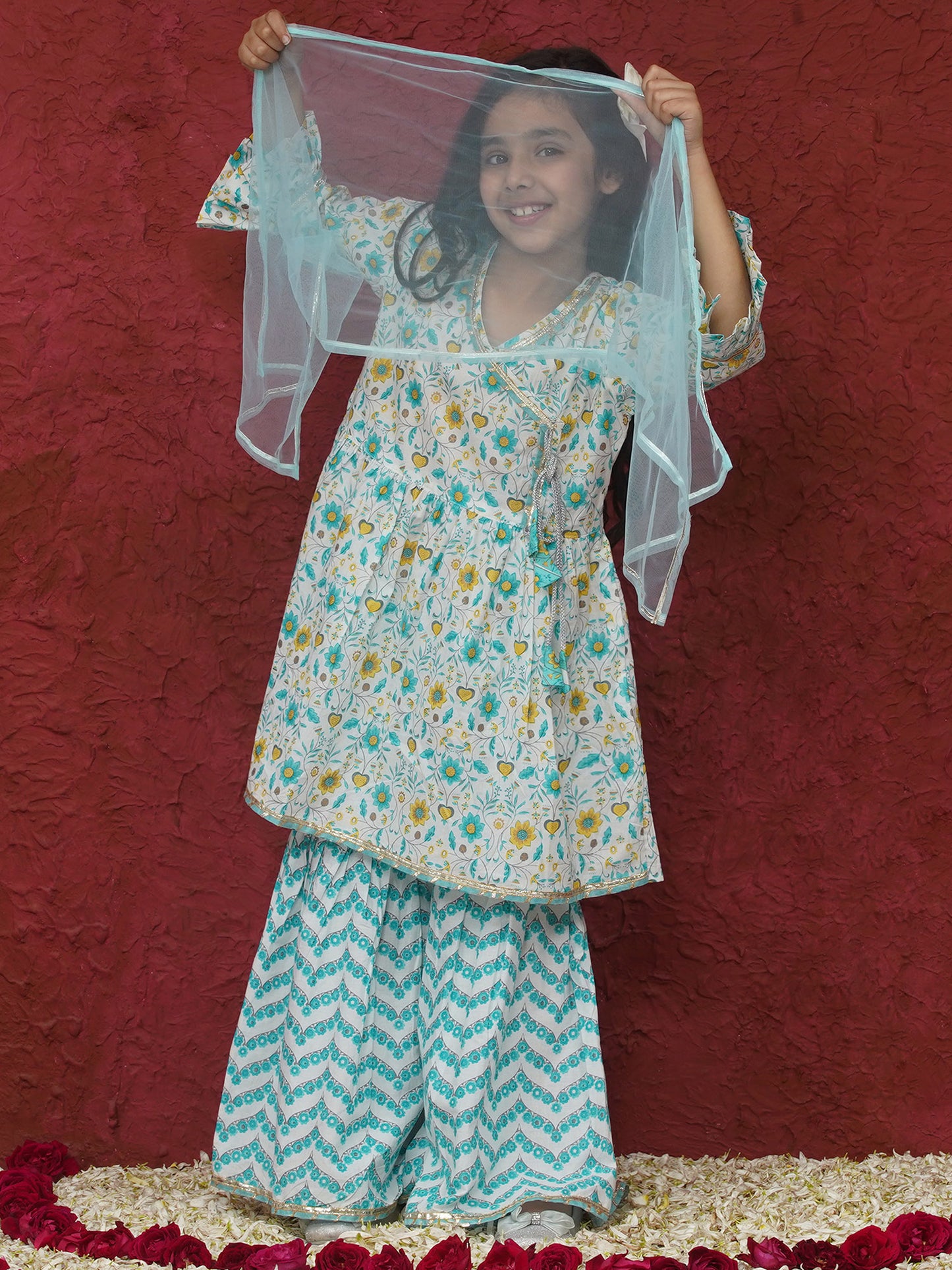 AJ Dezines Blue 3/4th Sleeves Floral Print Cotton Girls Suit Set For Girls