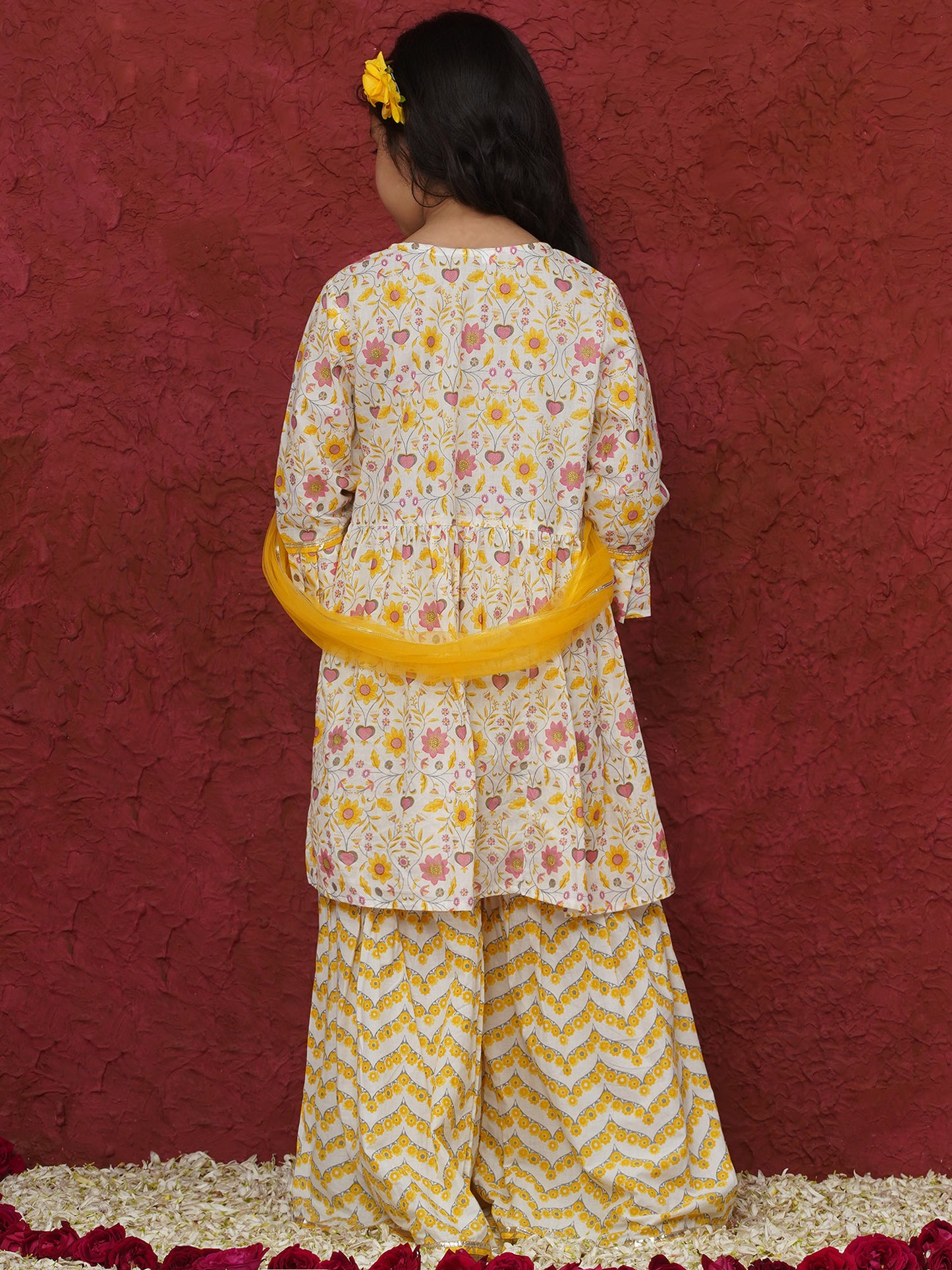 AJ Dezines Yellow 3/4th Sleeves Floral Print Cotton Girls Suit Set For Girls