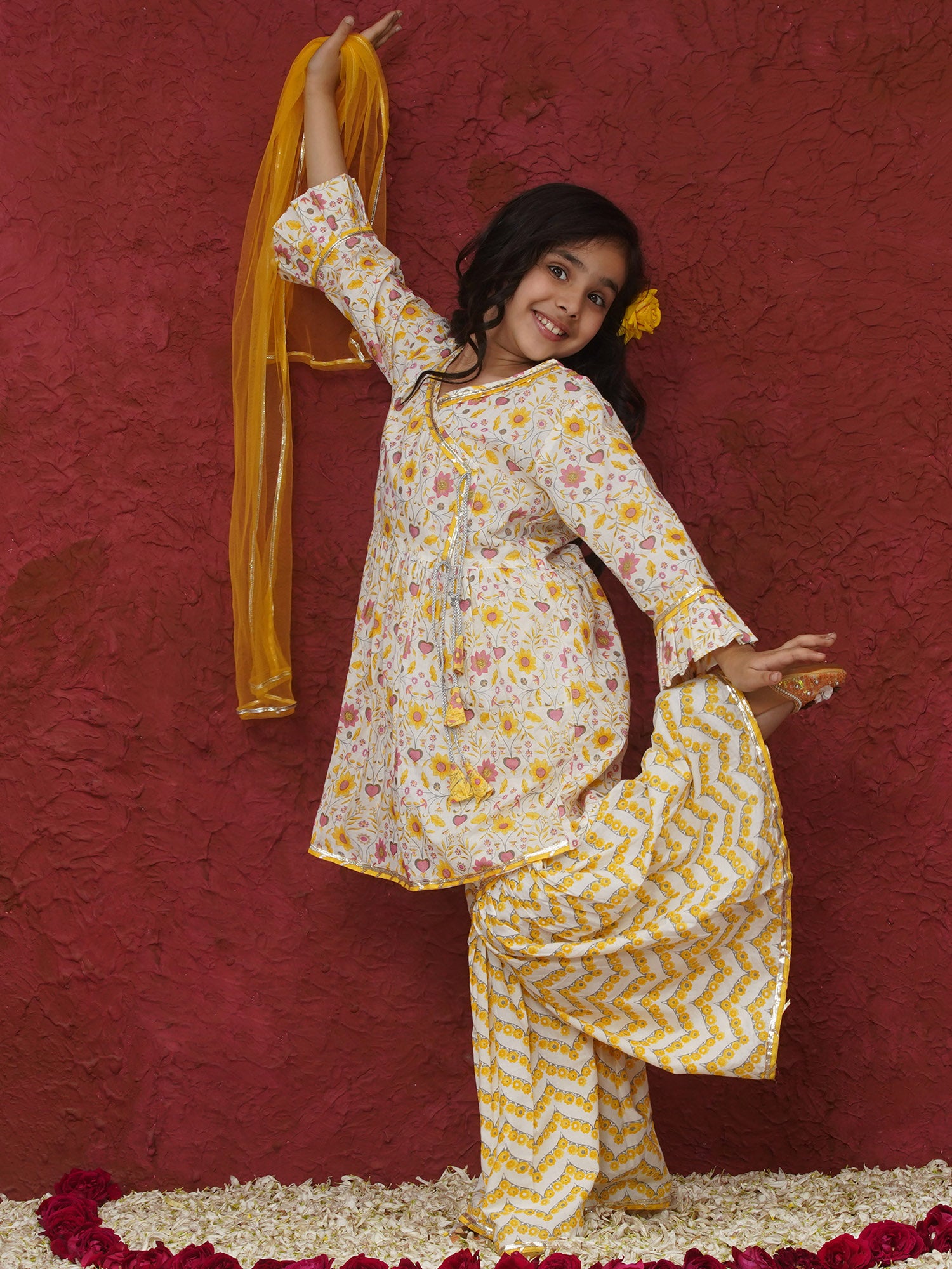 Yellow 3/4th Sleeves Floral Print Cotton Girls Suit Set For Girls