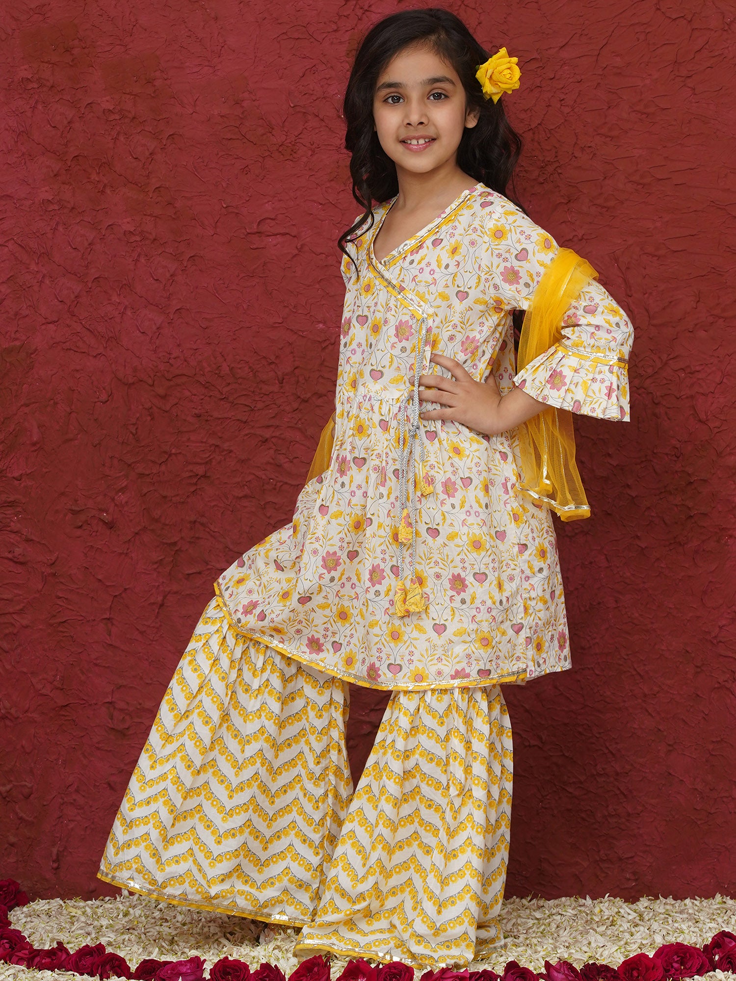 Yellow 3/4th Sleeves Floral Print Cotton Girls Suit Set For Girls