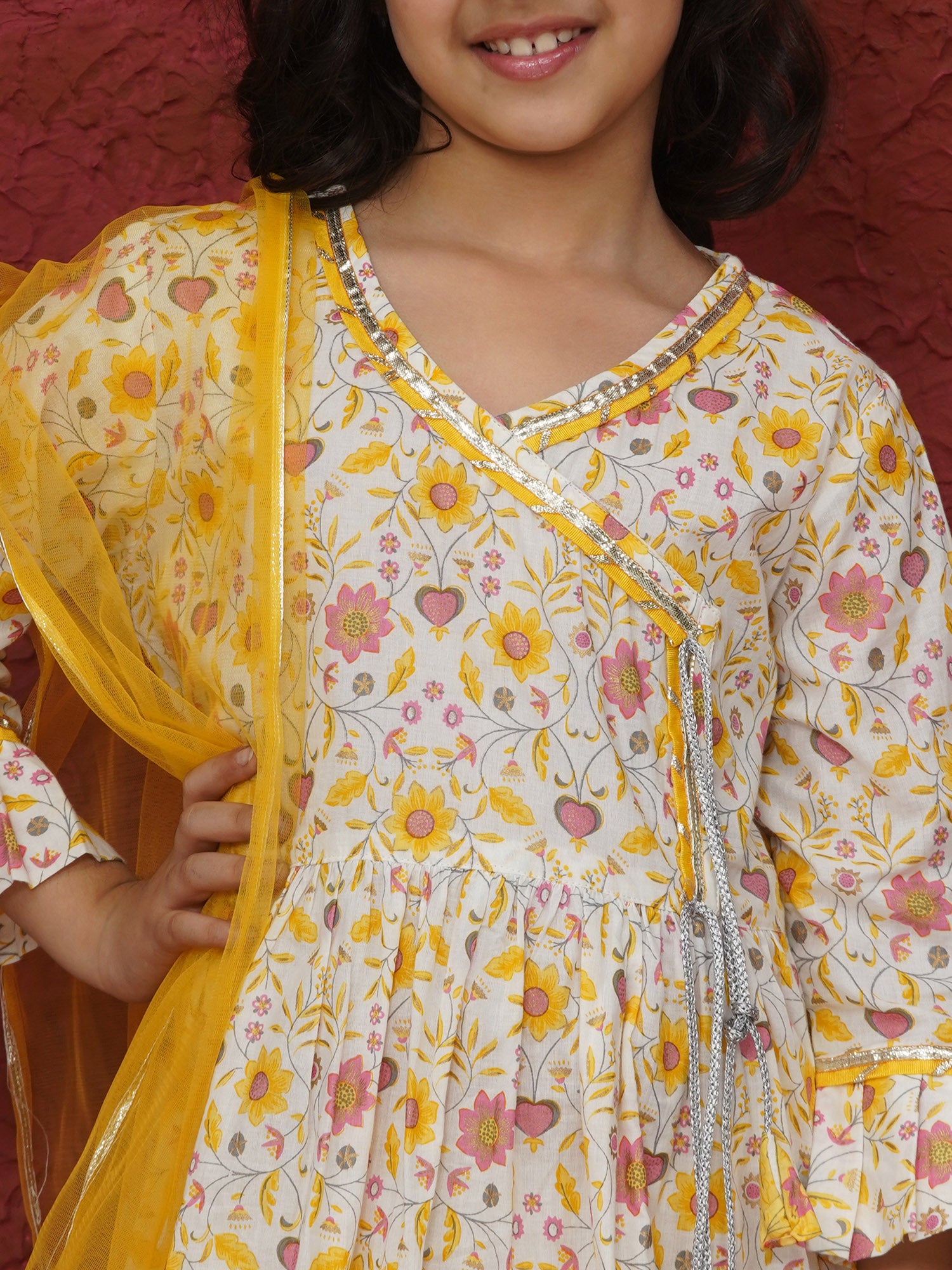 Yellow 3/4th Sleeves Floral Print Cotton Girls Suit Set For Girls