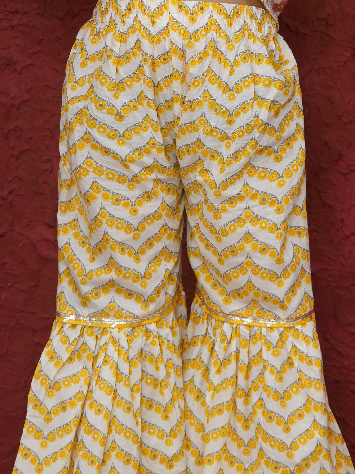 Yellow 3/4th Sleeves Floral Print Cotton Girls Suit Set For Girls