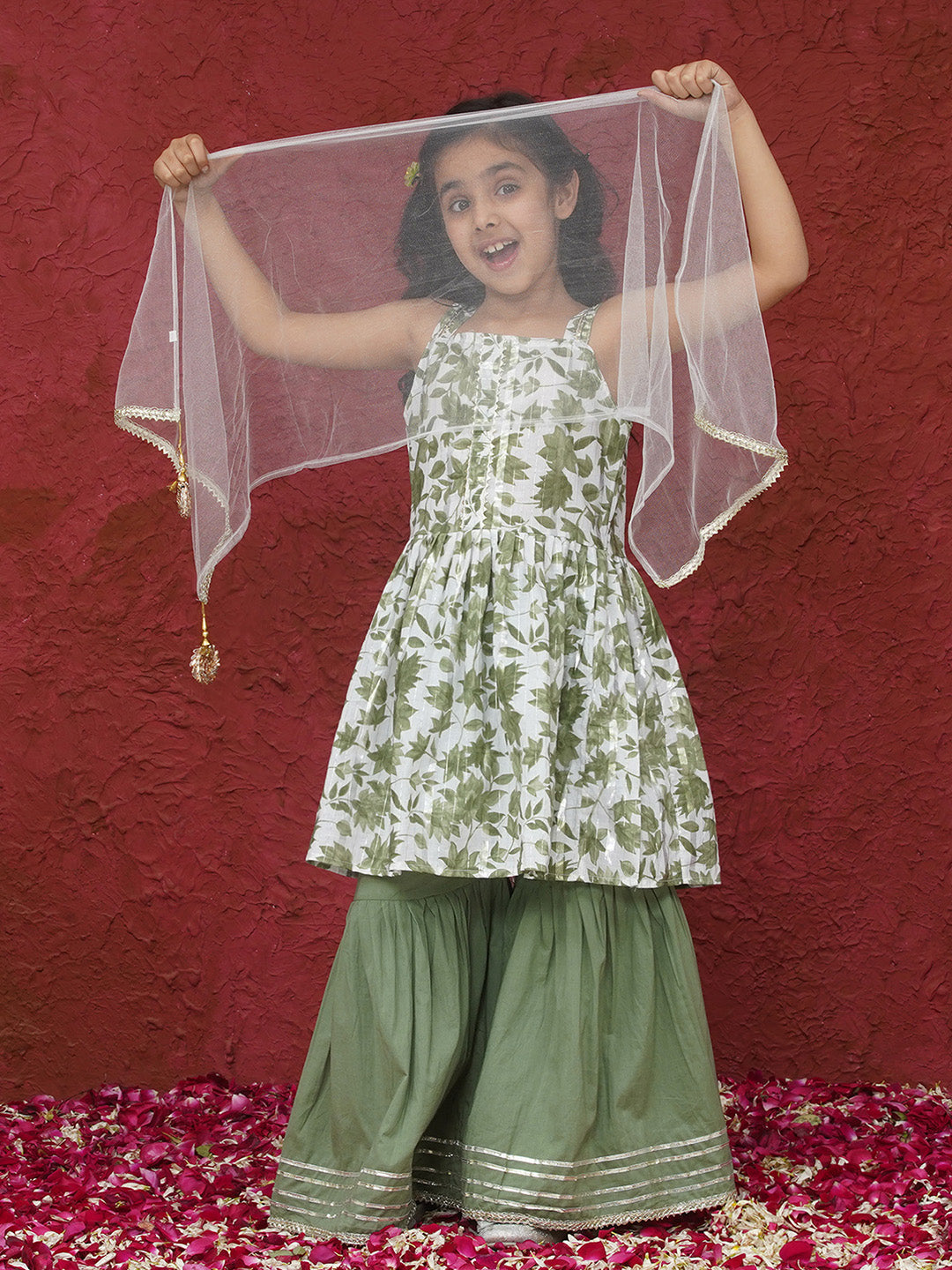Green Sleeveless Floral Print Cotton Girls Suit Set For Girls - AJ Dezines