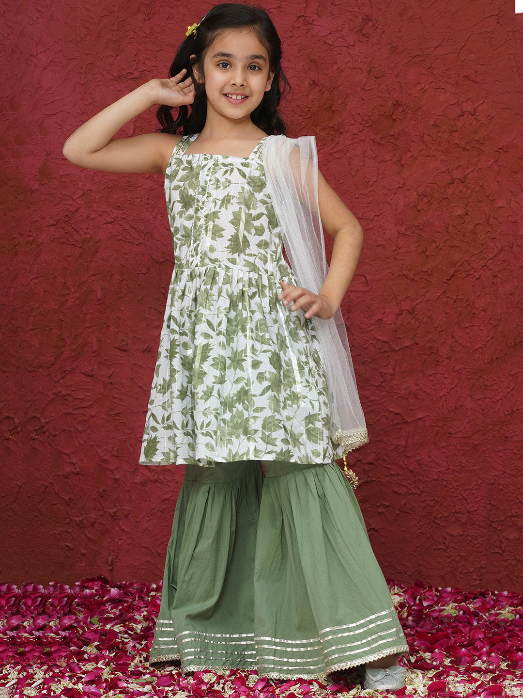 Green Sleeveless Floral Print Cotton Girls Suit Set For Girls - AJ Dezines