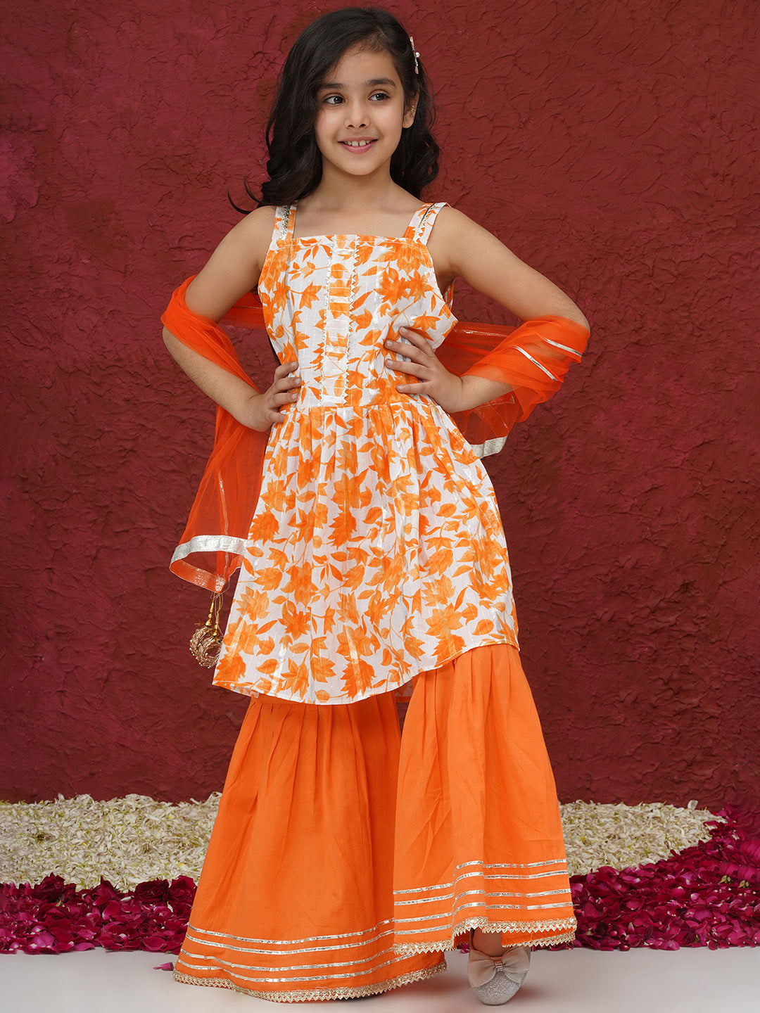 Orange Sleeveless Floral Print Cotton Girls Suit Set For Girls