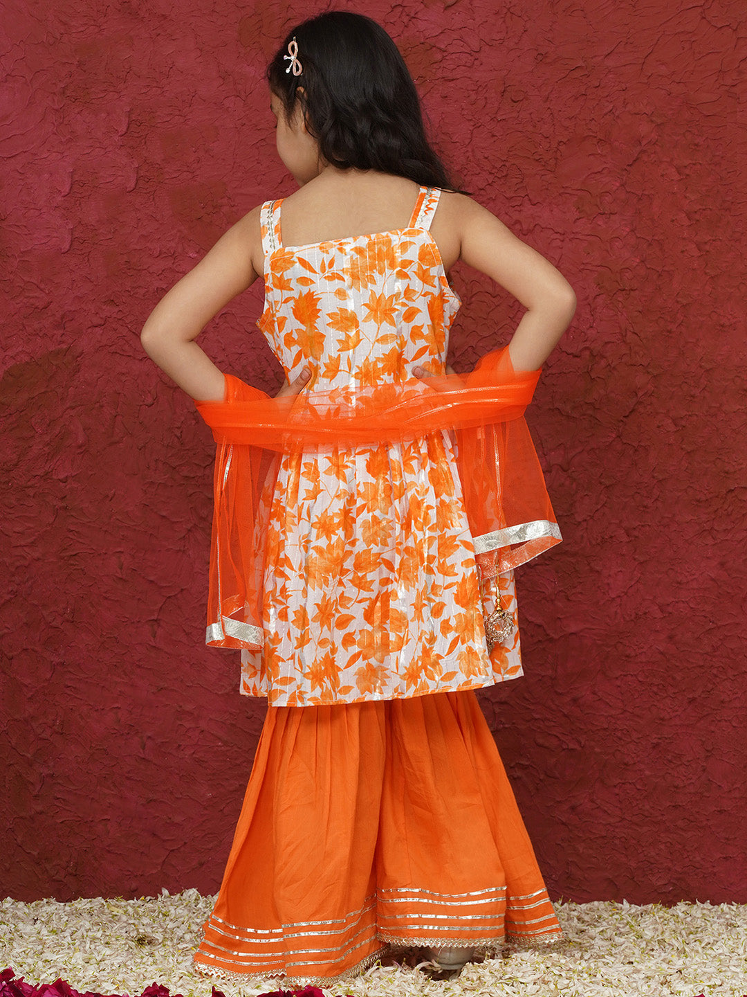 Orange Sleeveless Floral Print Cotton Girls Suit Set For Girls