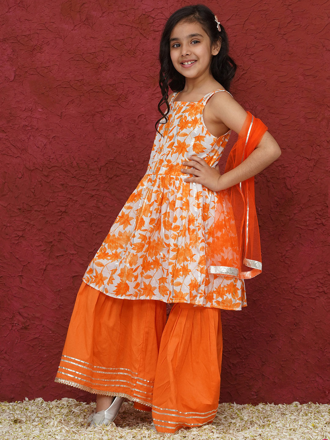 Orange Sleeveless Floral Print Cotton Girls Suit Set For Girls