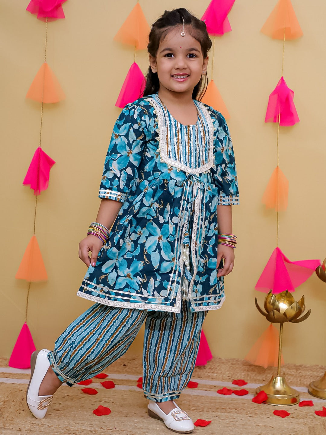 Blue 3/4th Sleeves Floral Print Cotton Girls Suit Set For Girls - AJ Dezines