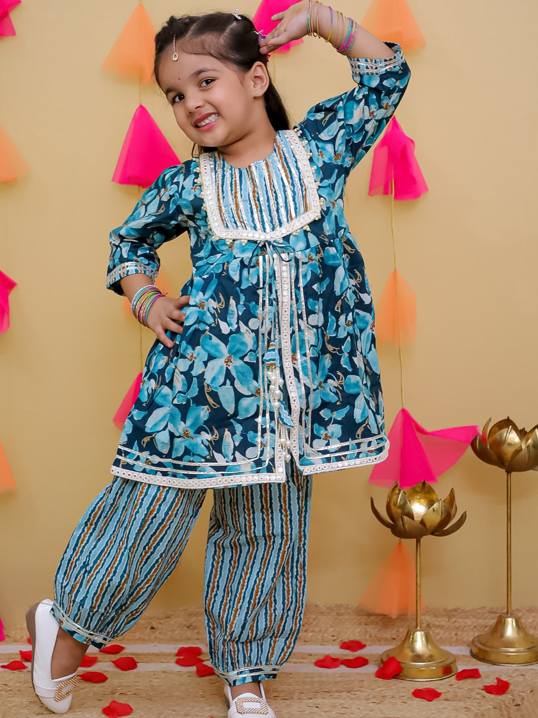 Blue 3/4th Sleeves Floral Print Cotton Girls Suit Set For Girls - AJ Dezines