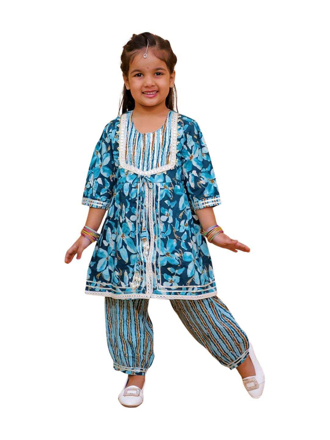 Blue 3/4th Sleeves Floral Print Cotton Girls Suit Set For Girls - AJ Dezines
