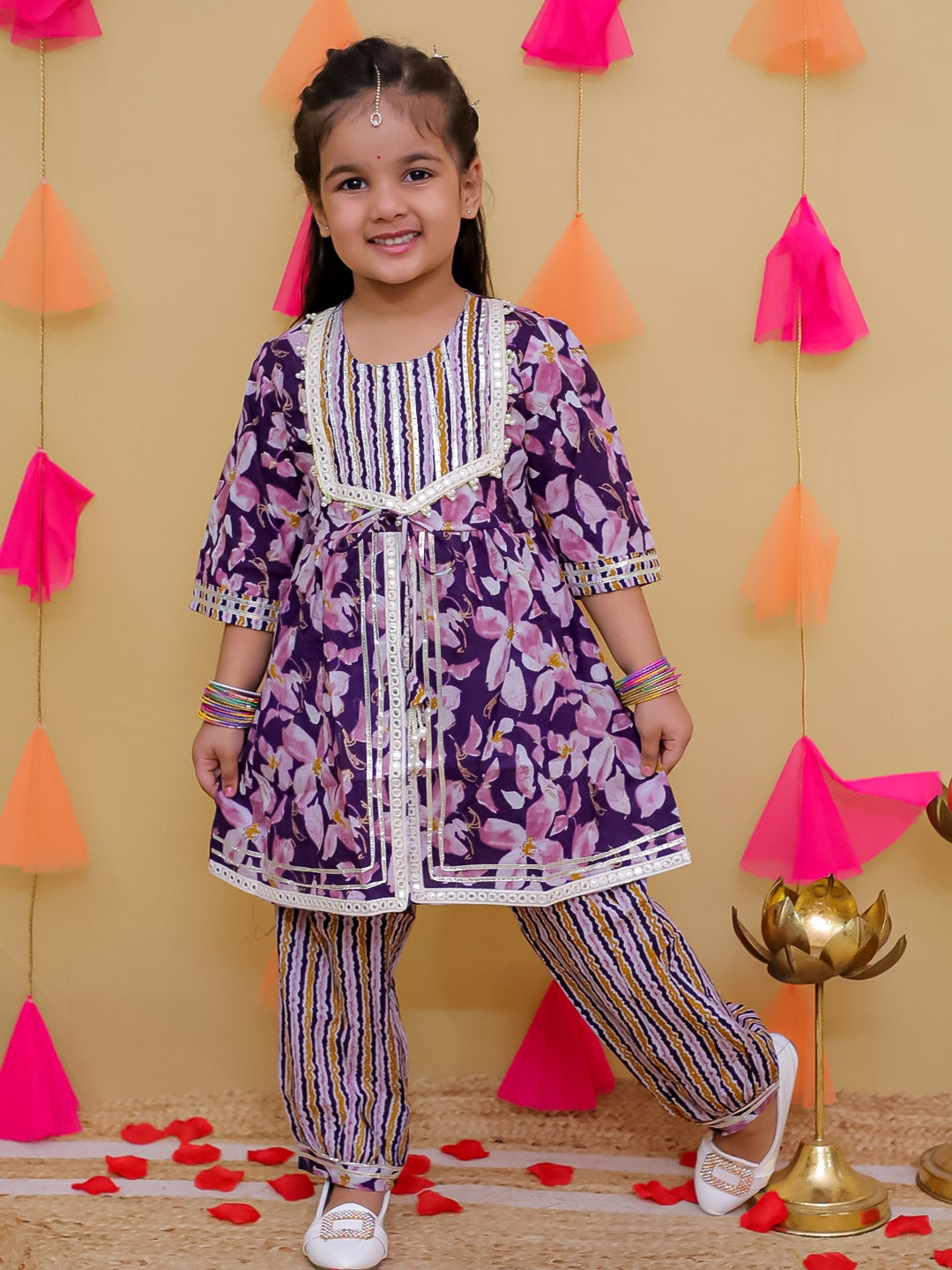 Purple 3/4th Sleeves Floral Print Cotton Girls Suit Set For Girls - AJ Dezines