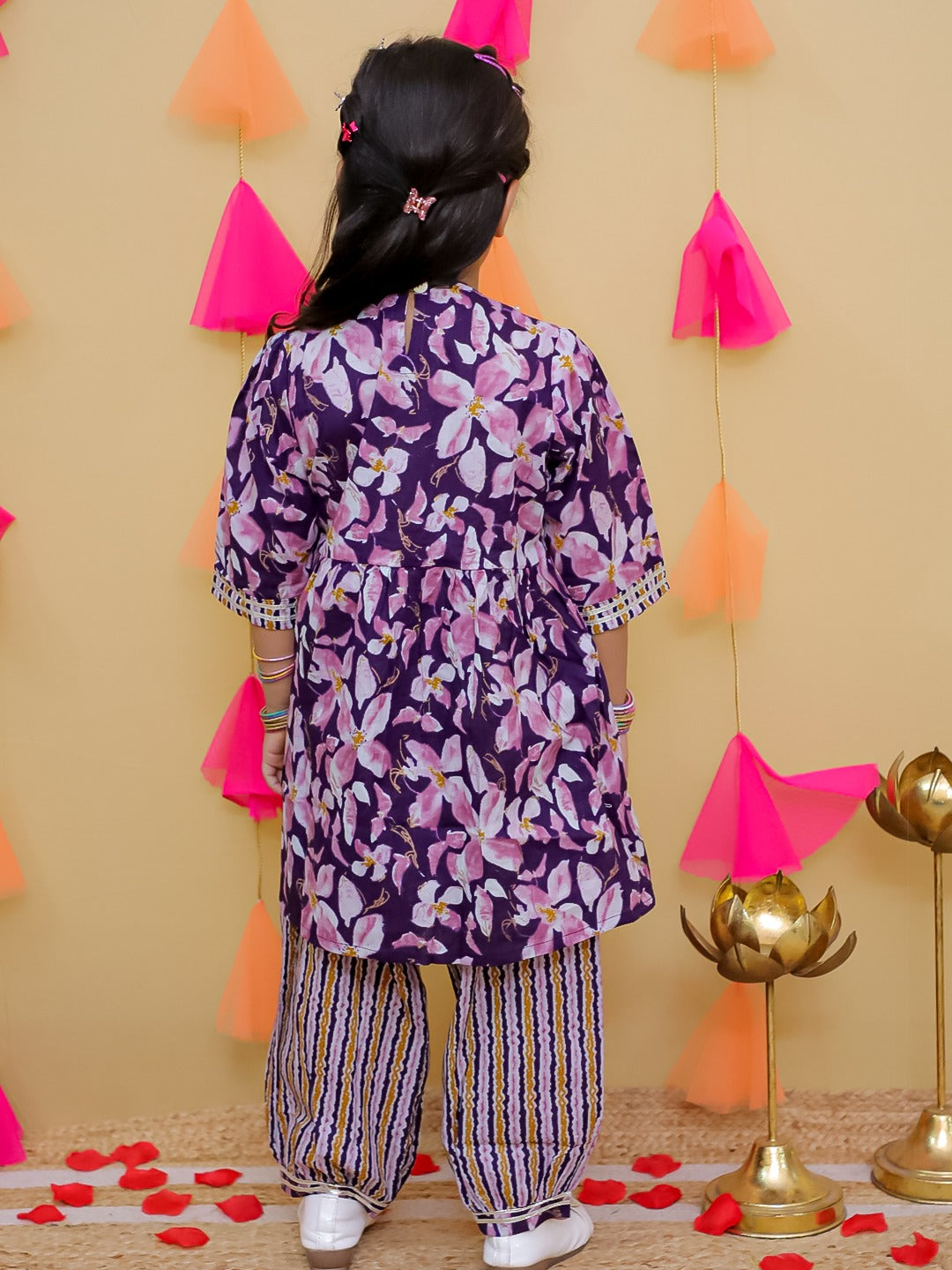 Aj Dezines Purple 3/4th Sleeves Floral Print Cotton Girls Suit Set For Girls