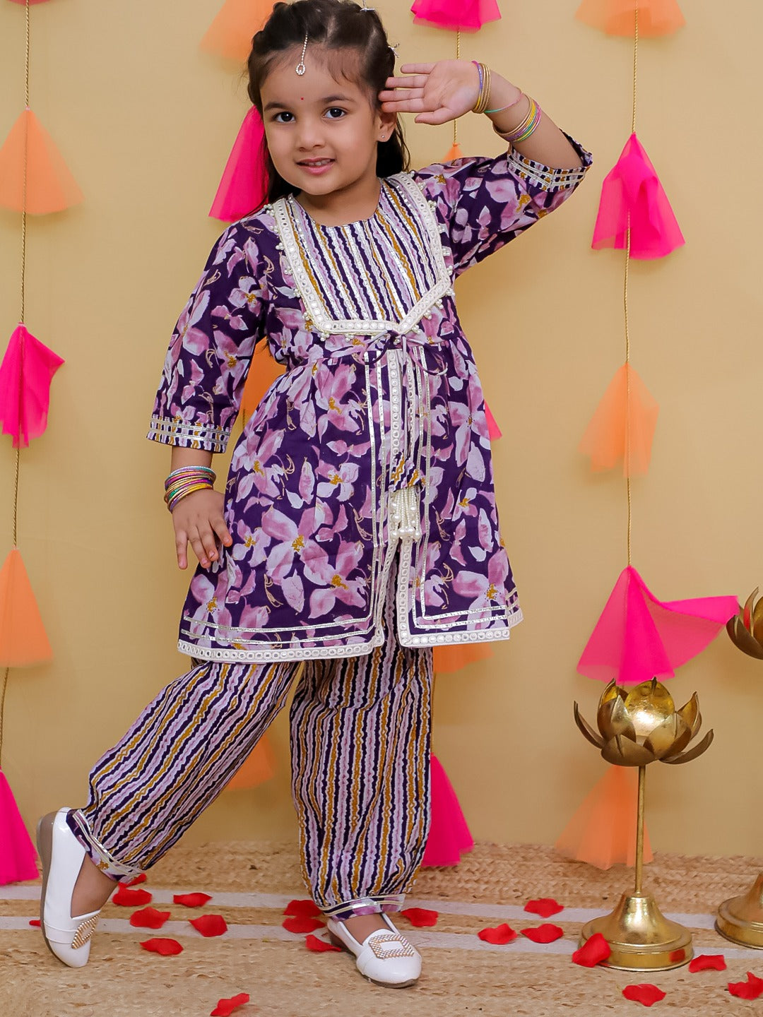 Aj Dezines Purple 3/4th Sleeves Floral Print Cotton Girls Suit Set For Girls