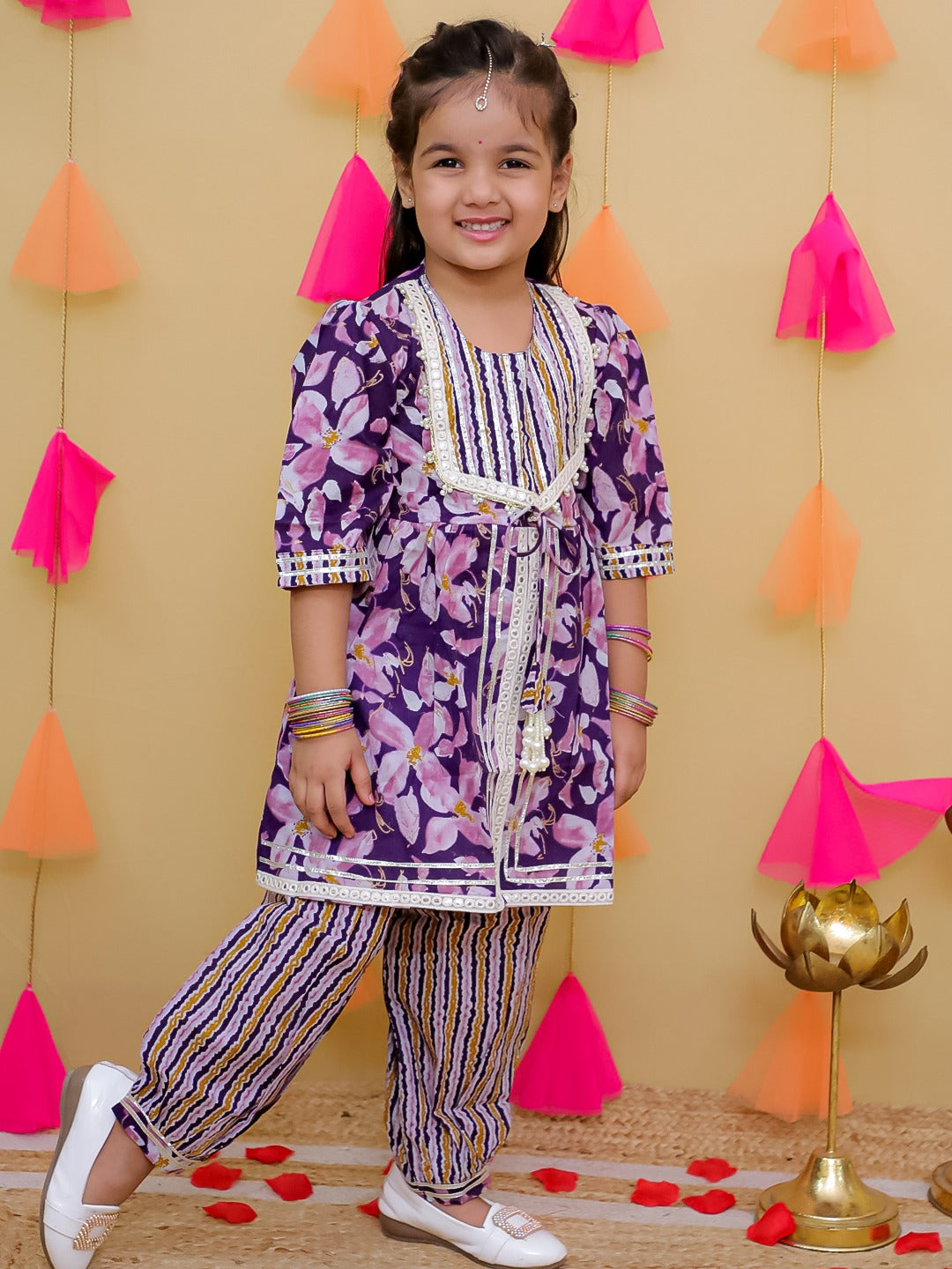 Purple 3/4th Sleeves Floral Print Cotton Girls Suit Set For Girls - AJ Dezines