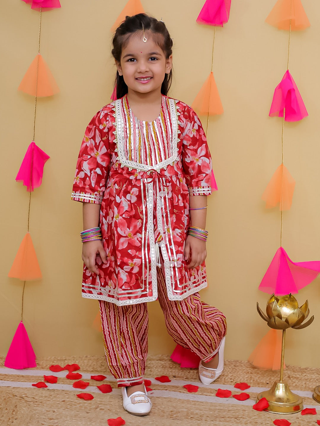 Red 3/4th Sleeves Floral Print Cotton Girls Suit Set For Girls