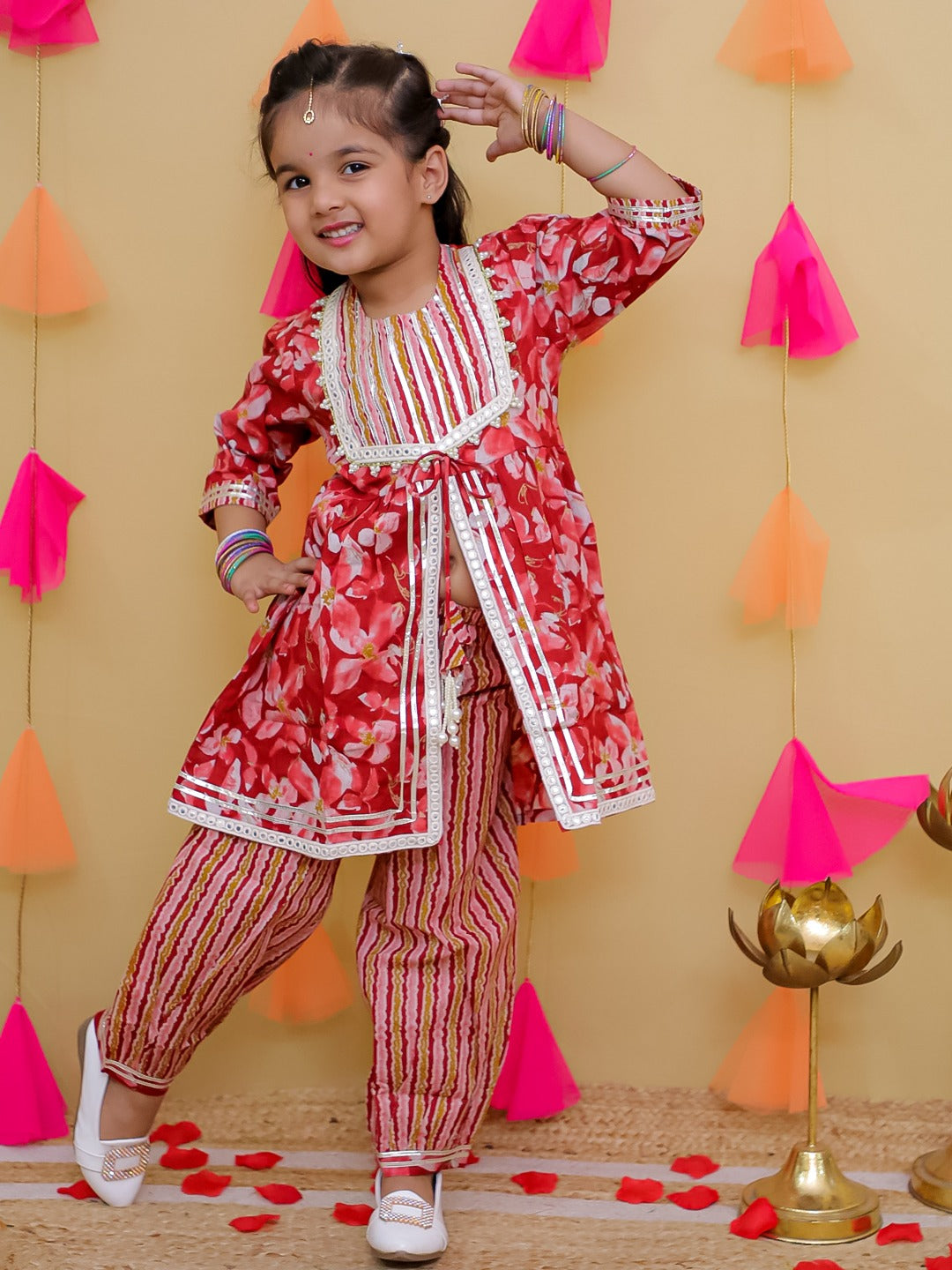 Red 3/4th Sleeves Floral Print Cotton Girls Suit Set For Girls