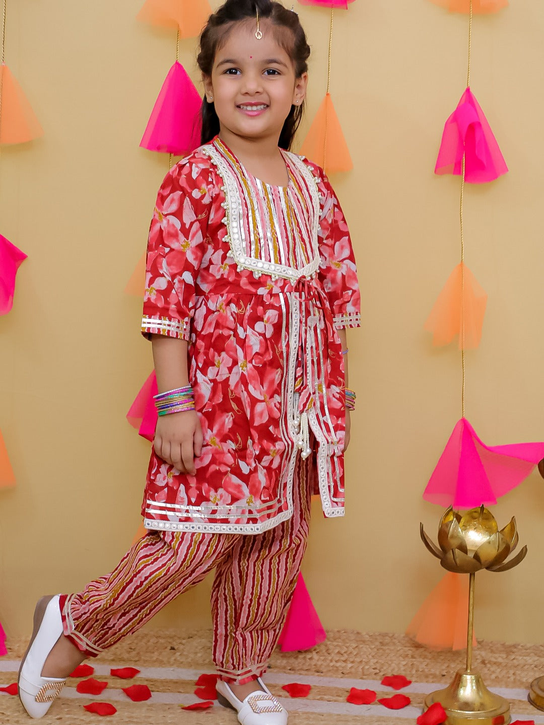 Red 3/4th Sleeves Floral Print Cotton Girls Suit Set For Girls
