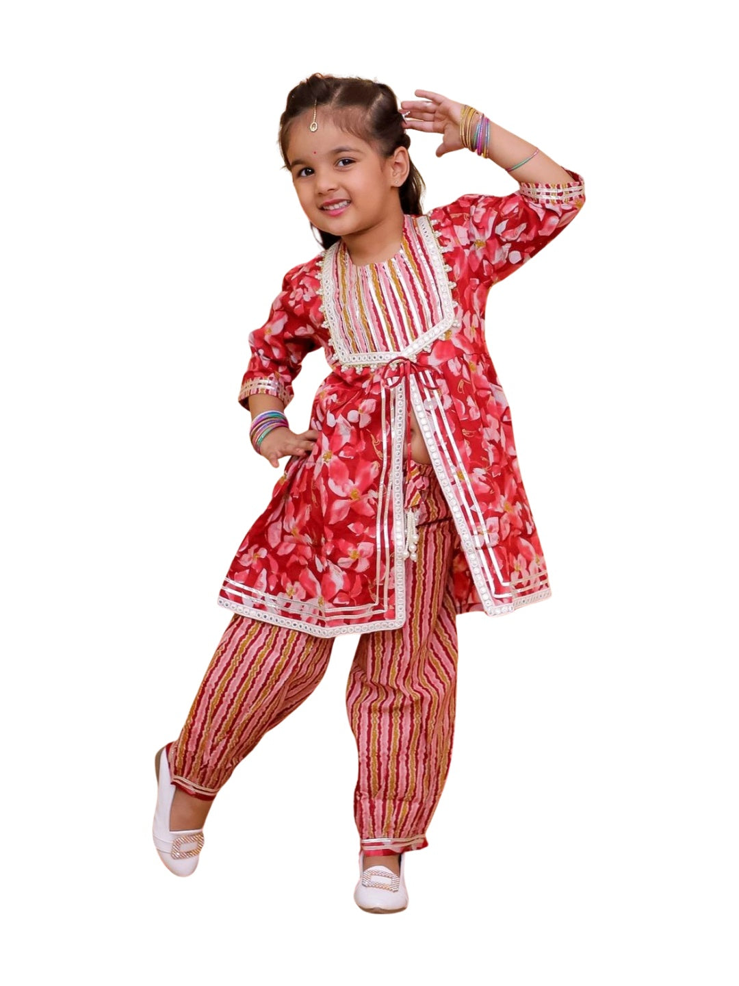 Red 3/4th Sleeves Floral Print Cotton Girls Suit Set For Girls