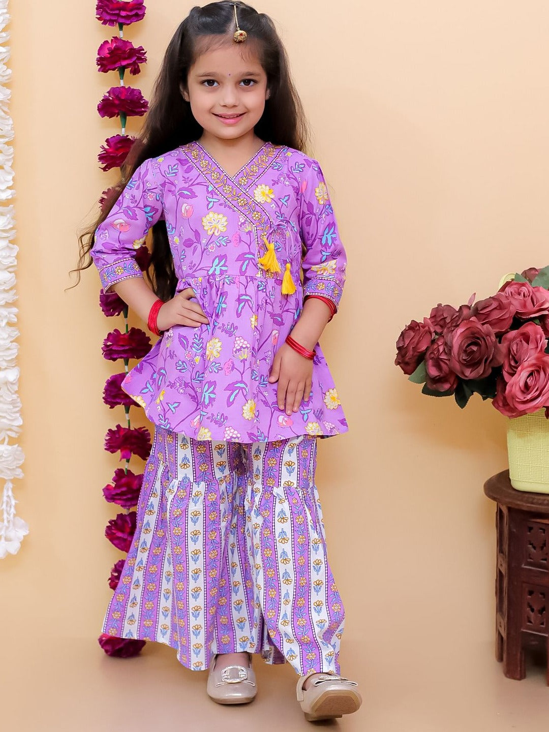 Purple 3/4th Sleeves Floral Print Cotton Girls Suit Set For Girls - AJ Dezines