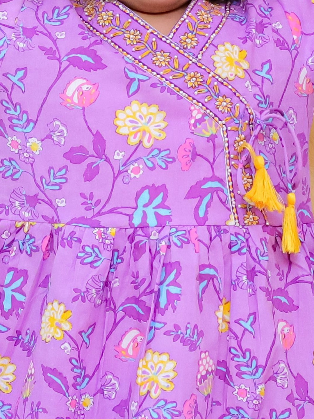 Purple 3/4th Sleeves Floral Print Cotton Girls Suit Set For Girls - AJ Dezines