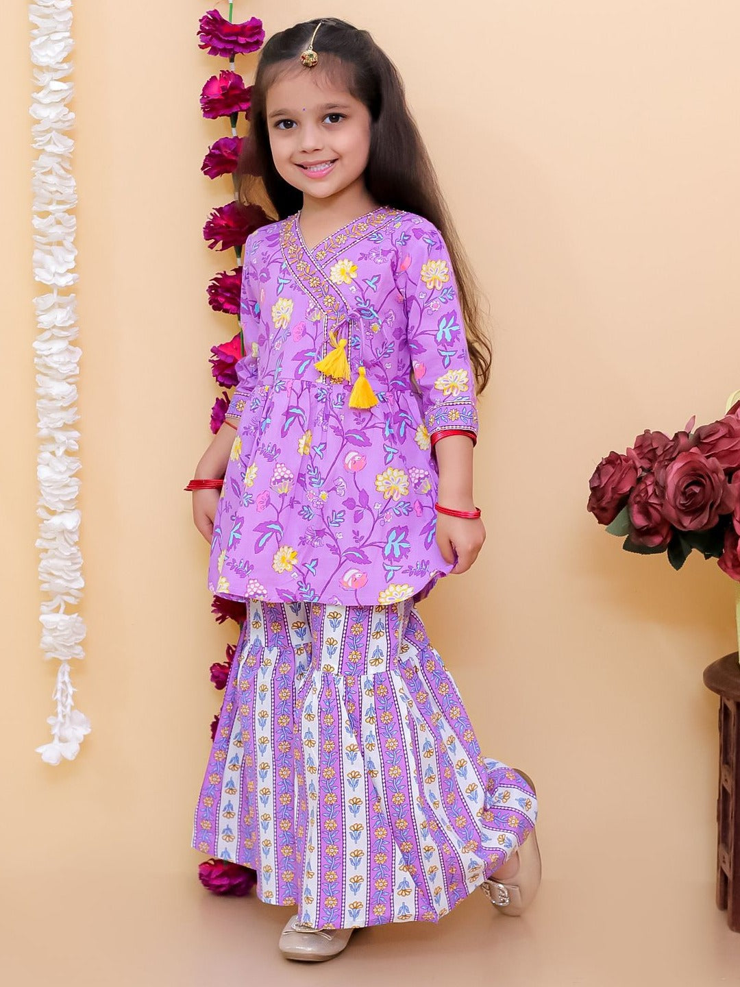 Purple 3/4th Sleeves Floral Print Cotton Girls Suit Set For Girls - AJ Dezines