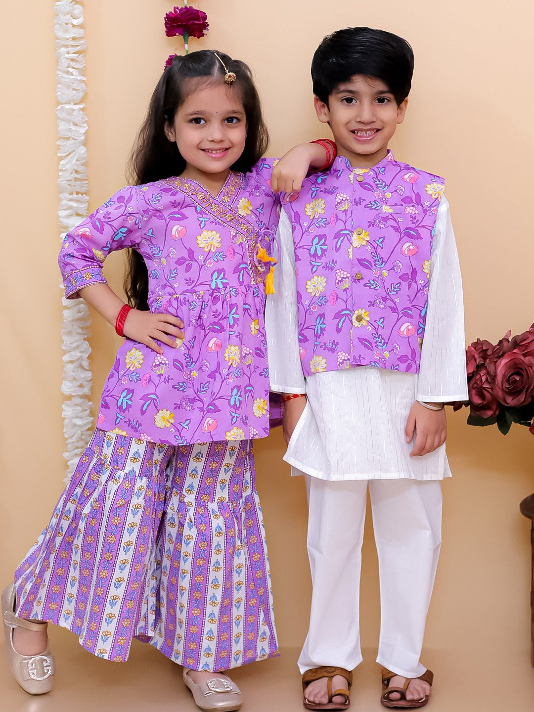 Purple 3/4th Sleeves Floral Print Cotton Girls Suit Set For Girls - AJ Dezines
