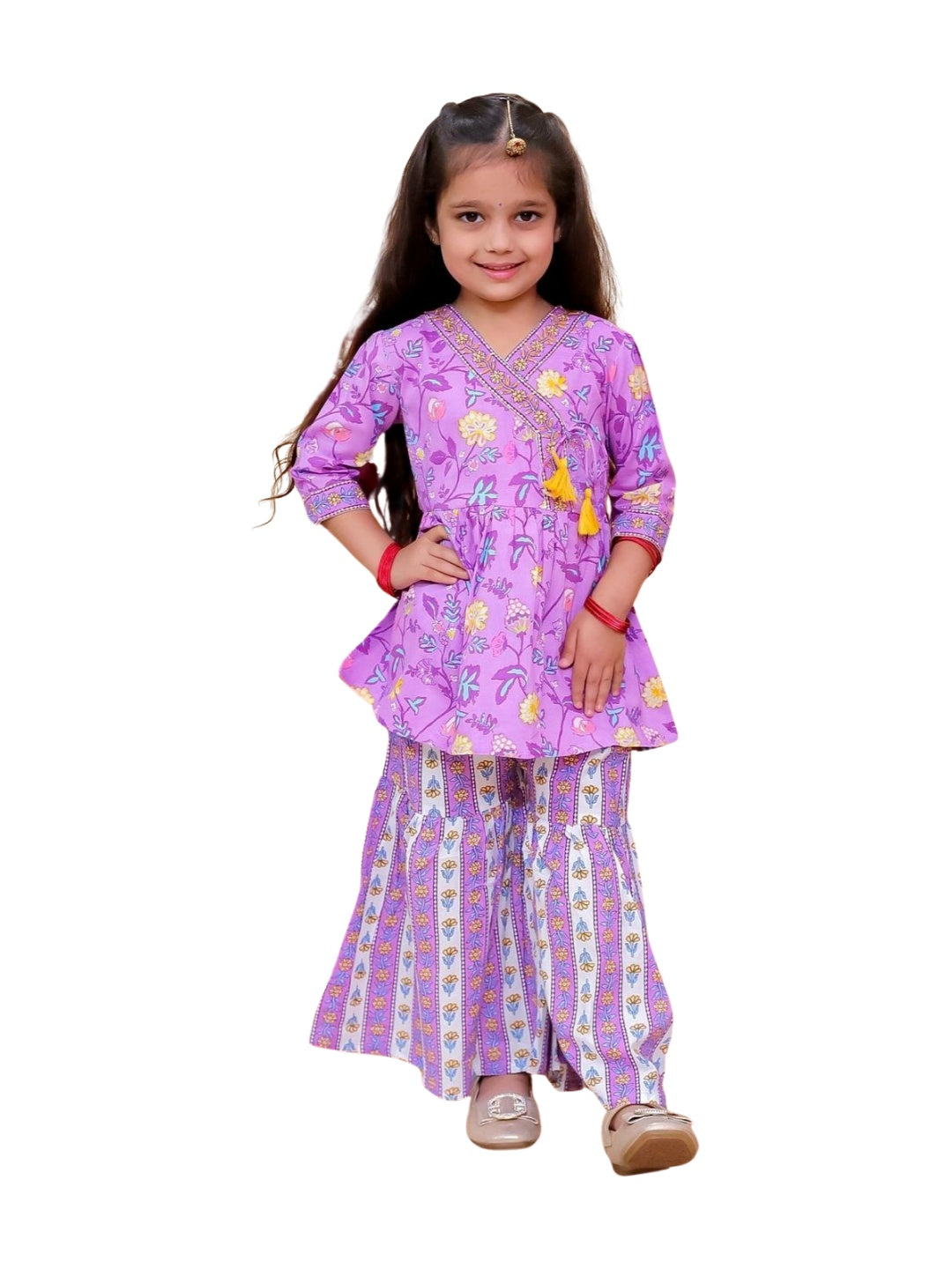 Purple 3/4th Sleeves Floral Print Cotton Girls Suit Set For Girls - AJ Dezines