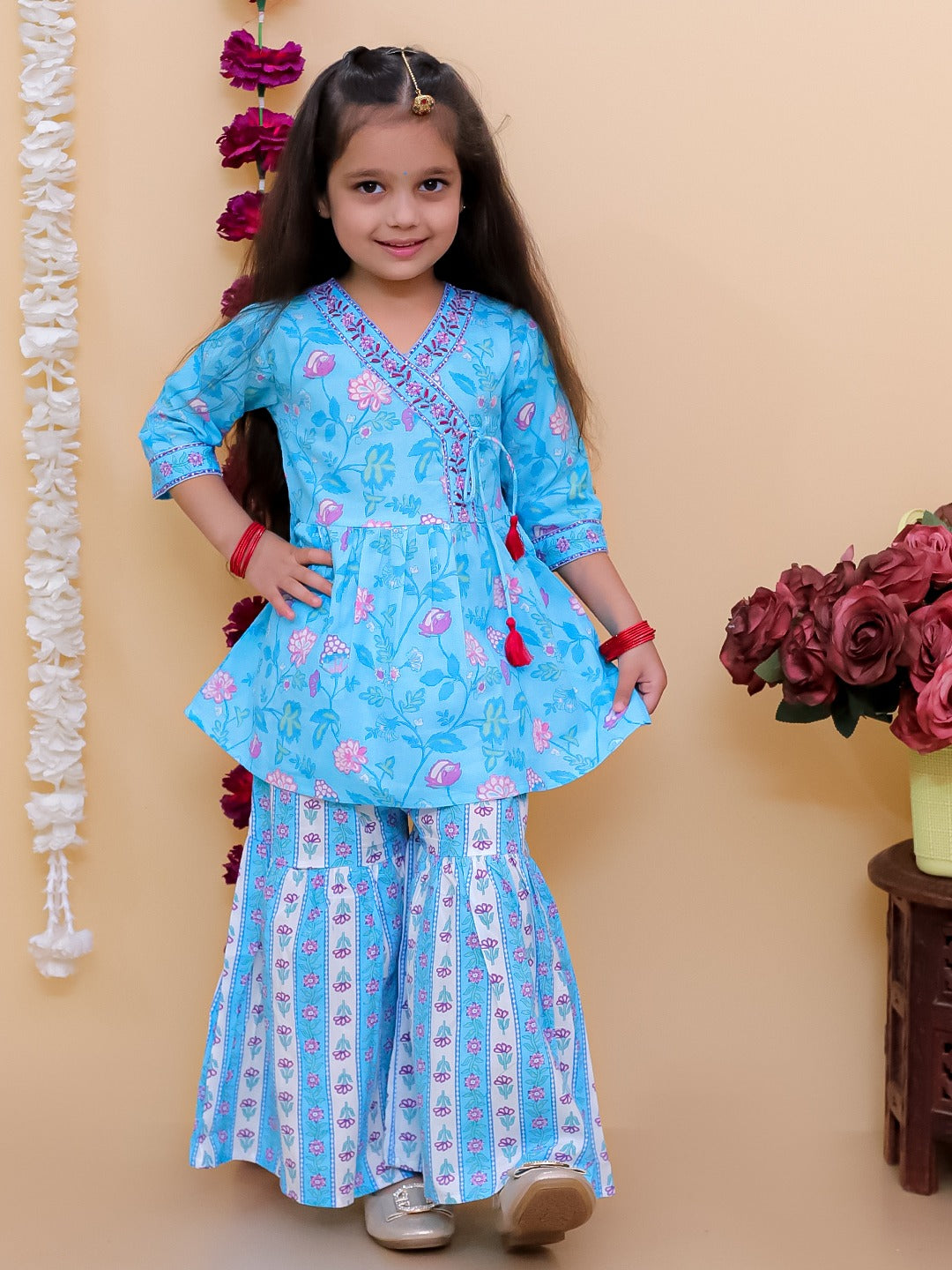 Sky Blue 3/4th Sleeves Floral Print Cotton Girls Suit Set For Girls - AJ Dezines