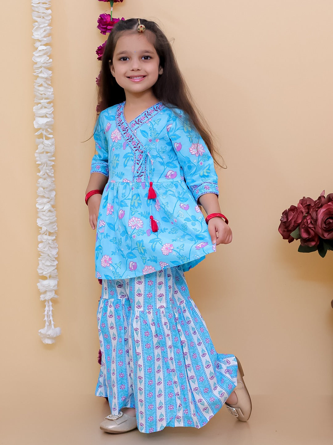 Sky Blue 3/4th Sleeves Floral Print Cotton Girls Suit Set For Girls - AJ Dezines