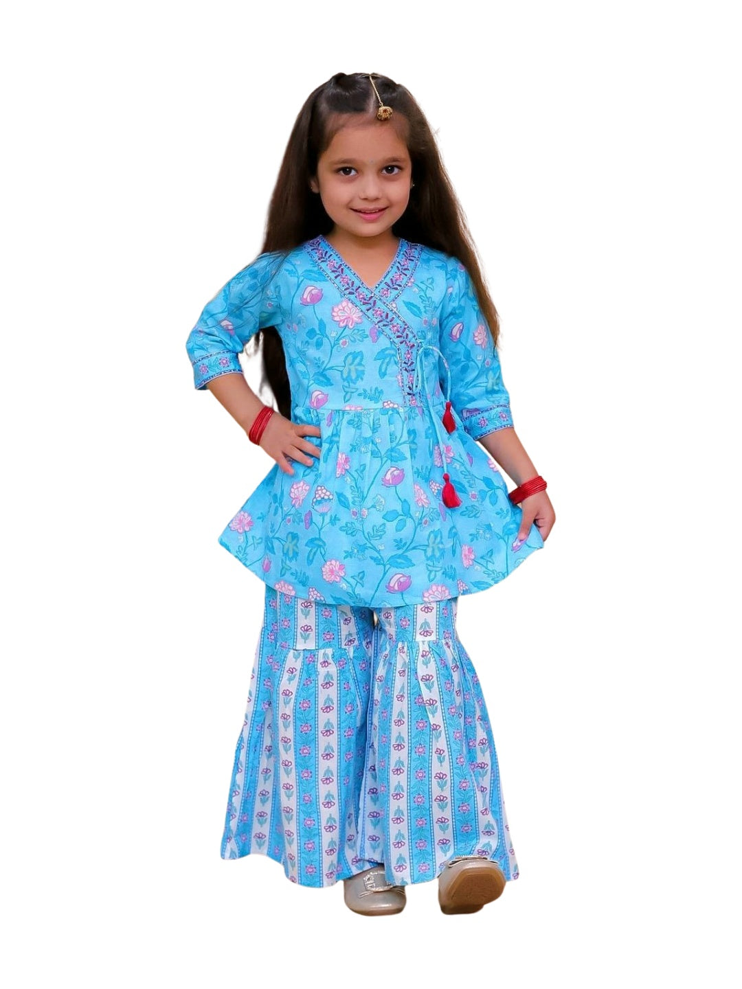 Sky Blue 3/4th Sleeves Floral Print Cotton Girls Suit Set For Girls - AJ Dezines