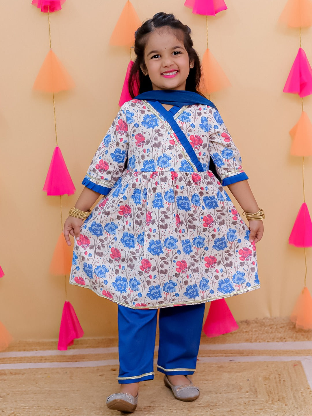 Blue 3/4th Sleeves Floral Print Cotton Girls Suit Set For Girls